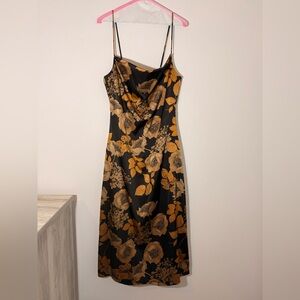 Black Floral Satin Cowl Neck Slip Midi Dress